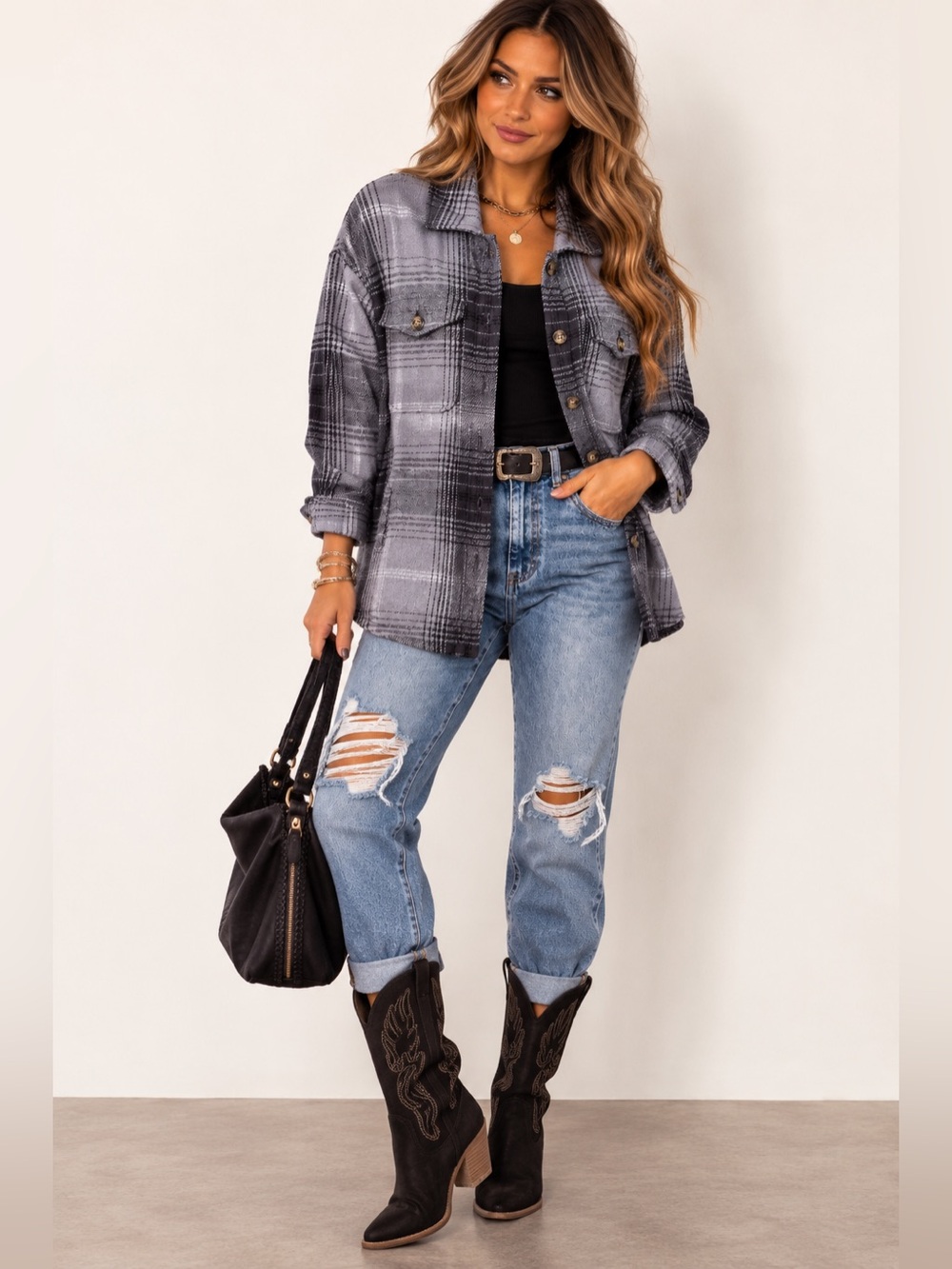 Aerie Gray Black Plaid Shacket Women’s Button Front Oversized Fall Jacket